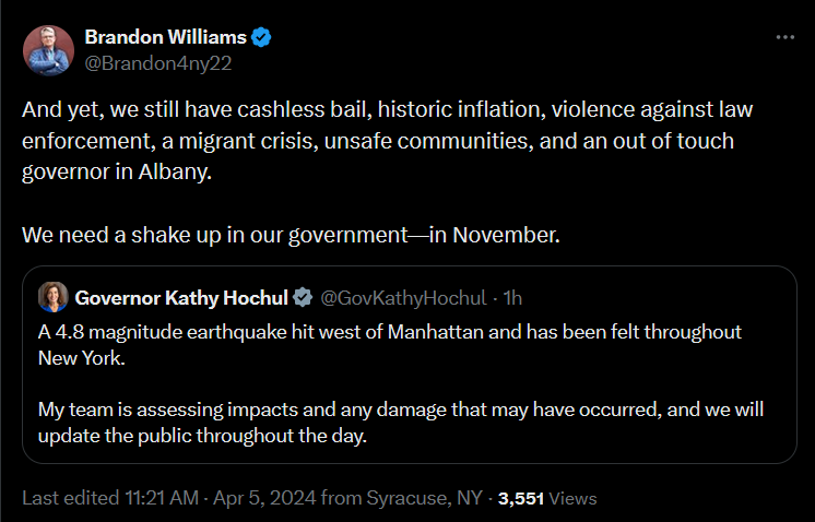 Republican Rep. Brandon Williams is using the earthquake as an opportunity to attack the governor for... bail reform?