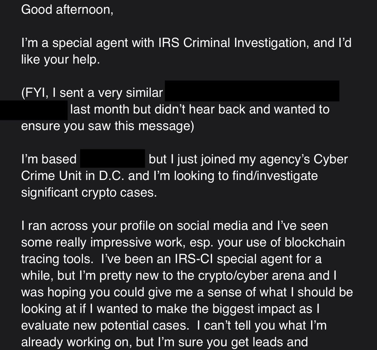 I have been borderline harassed by @IRS_CI agents on 4-5 occasions now in the past few months with a blatant disregard for any professionalism so I have decided to now share this publicly. They have shown up irl to old addresses, contacted personal emails using private data,…