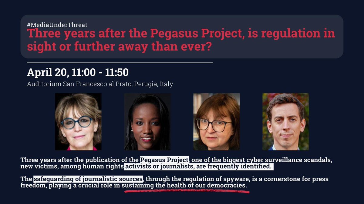 Don’t miss out on the second panel co-organised by @FbdnStories during Perugia’s 2024 @journalismfest. What? A panel about “Three years after the #PegasusProject, is regulation in sight or further away than ever?” When? April 20th, 2024 Where? Auditorium San Francesco al Prato,