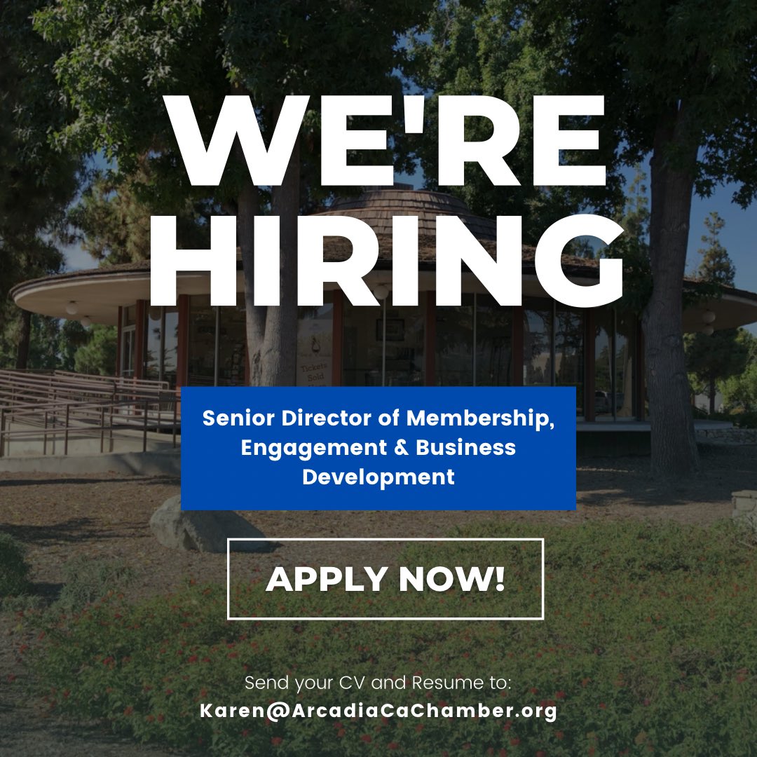 ArcadiaCaChamber (@arcadiachamber) on Twitter photo Become part of the <a href="/ArcadiaChamber/">ArcadiaCaChamber</a> team, become engaged in the community, and help businesses grow and flourish in Arcadia and beyond.
To apply send cover letter and resume to karen@arcadiacachamber.org
For job description click here:
arcadiacachamber.org/resources/job-… Become part of the <a href="/ArcadiaChamber/">ArcadiaCaChamber</a> team, become engaged in the community, and help businesses grow and flourish in Arcadia and beyond.
To apply send cover letter and resume to karen@arcadiacachamber.org
For job description click here:
arcadiacachamber.org/resources/job-…