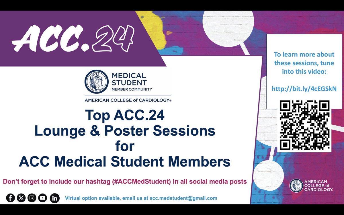 Our @ACCinTouch Med Student Leadership is pleased to share the 'Top 5 Lounge Sessions & Posters' that #ACCMedStudents can't miss. Virtual option is available, please 📧 us: acc.medstudent@gmail.com 👀 youtube.com/watch?v=U7FONr… 🧵1/5 - See you all very soon. #ACC24