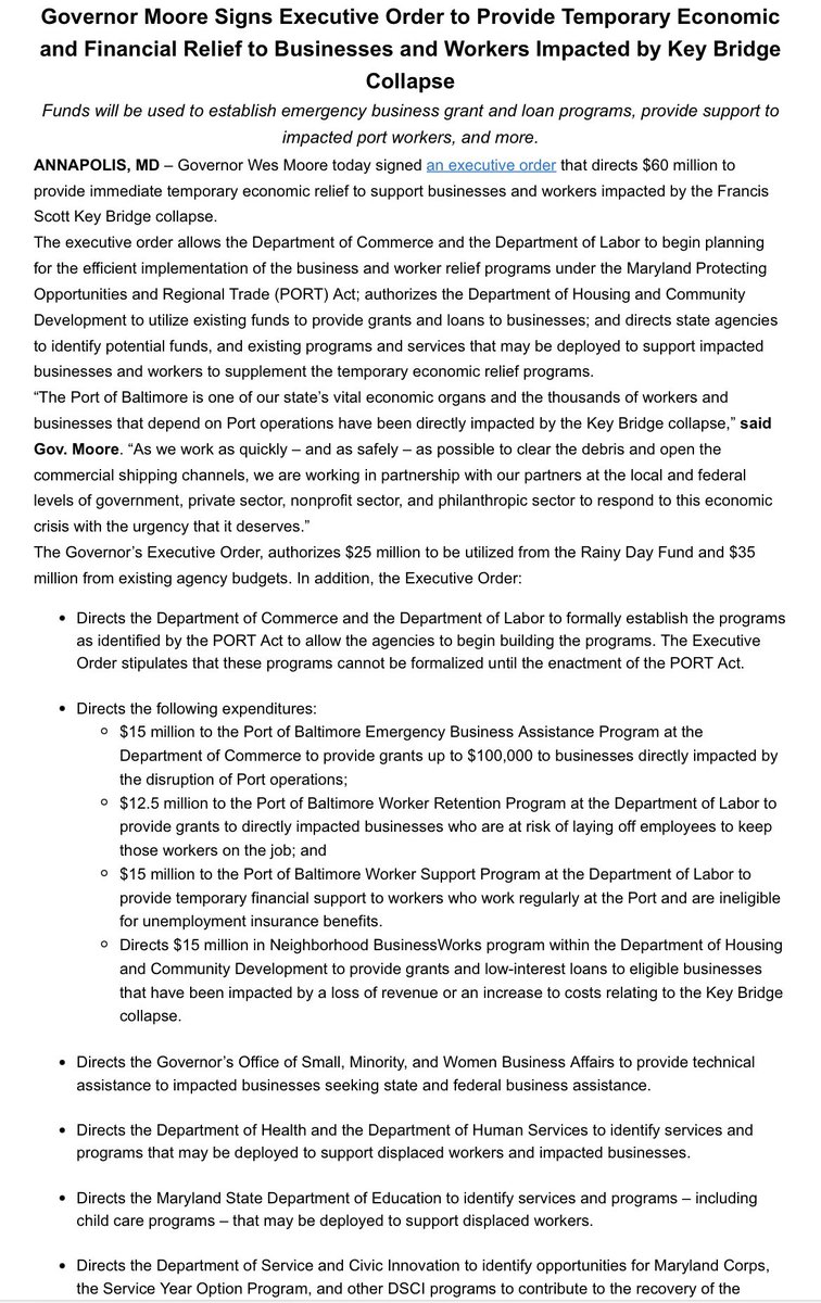 HellgrenWJZ's tweet image. NEW: Governor Moore signs order providing $60 million in immediate economic relief to workers and businesses impacted by the #KeyBridgeCollapse @wjz 

Details ⬇️