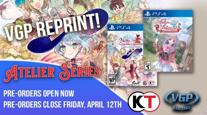 VideoGamesPlus_'s tweet photo. Preorders are now live on our latest #VGPReprints for the #PS4. $59.99 / 44.99 USD each
Reserve: https://t.co/vqbVPzHewn
Atelier Lulua: The Scion of Arland
Nelke & The Legendary Alchemists: Ateliers of The New World
Spend $80 / 60 USD to qualify for Free Shipping!
#VGP #Atelier #videogames #NISA #Playstation #RPG