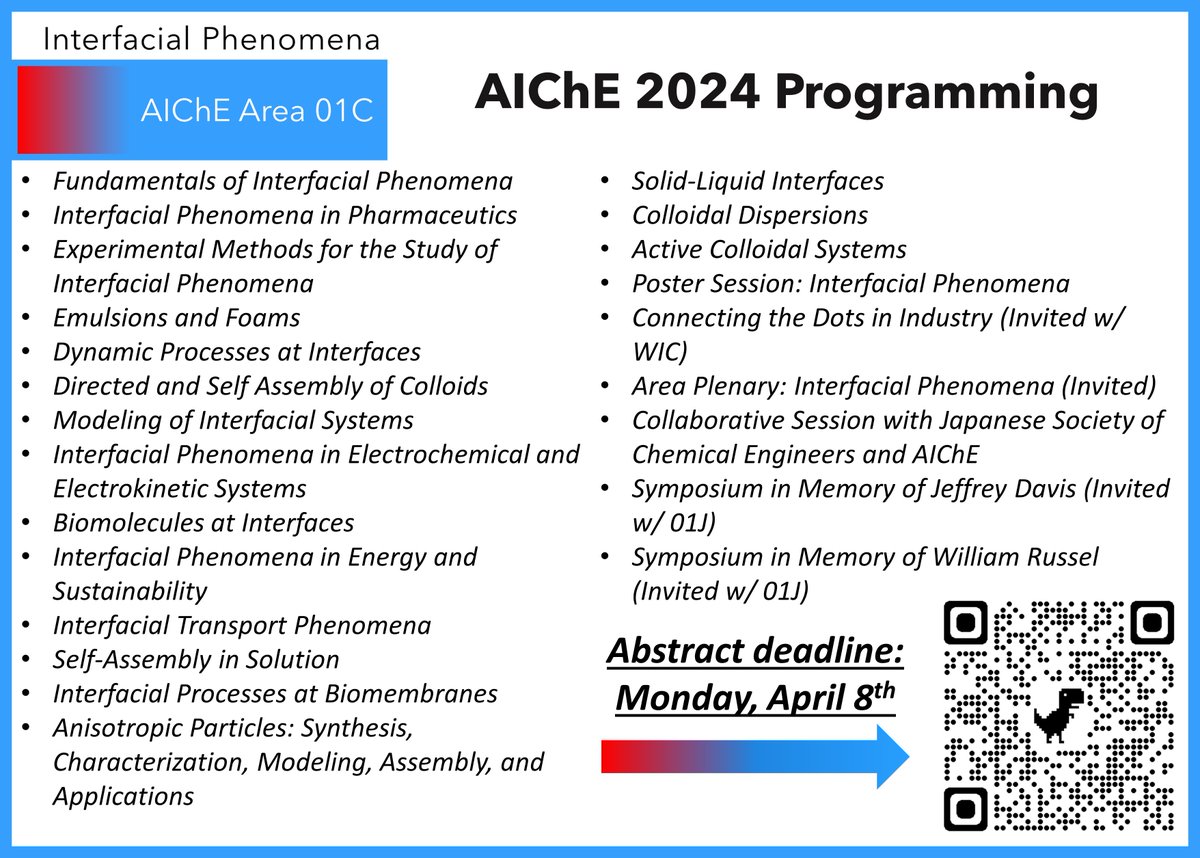 AIChEInterface's tweet image. Get your abstracts in for #AIChE2024! Area 01C @AIChEInterface has a tremendous breadth of both fundamental and applied sessions!

Check out the overview of our sessions and our 🔥🔥🔥plenary!

#scicomm #ColloidsRCool

shorturl.at/cAKWX