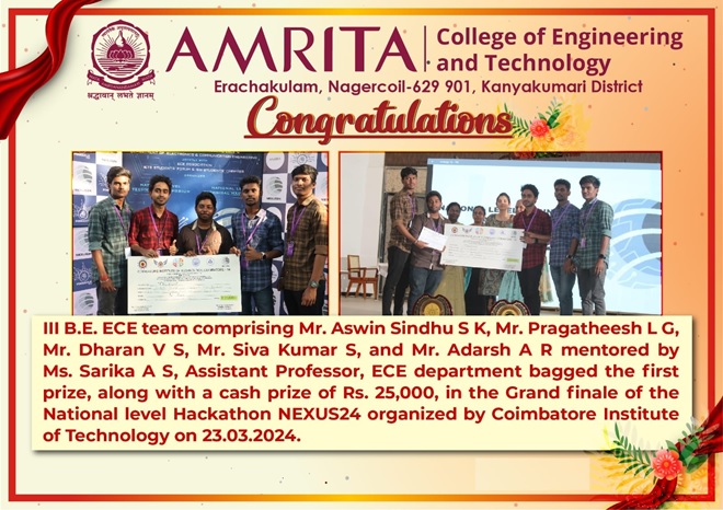 Won first prize in the Grand Finale of NEXUS 2024 Hackathon!!!
#AmritaNgl
Students from Amrita College of Engineering and Technology won the first prize in NEXUS24 Hackathon.