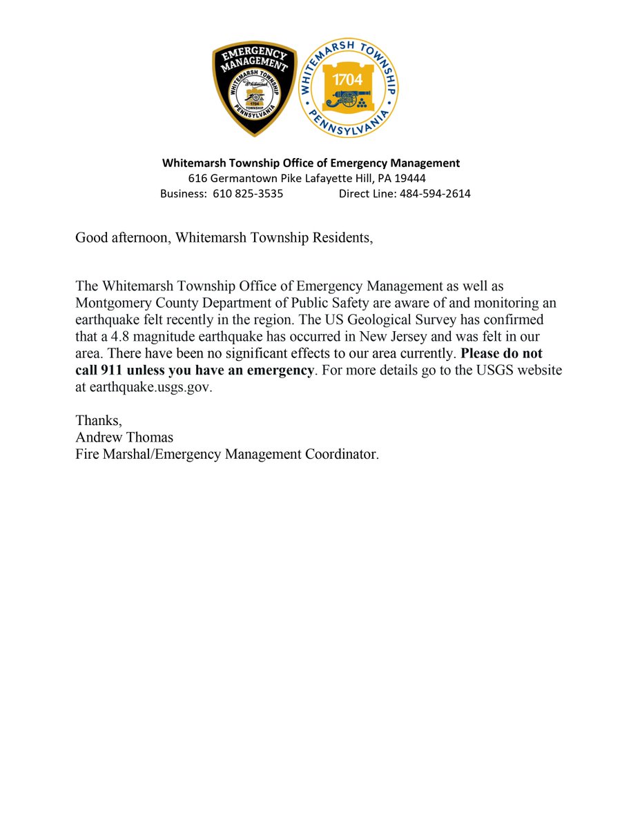An message from Whitemarsh Township on this morning's earthquake.