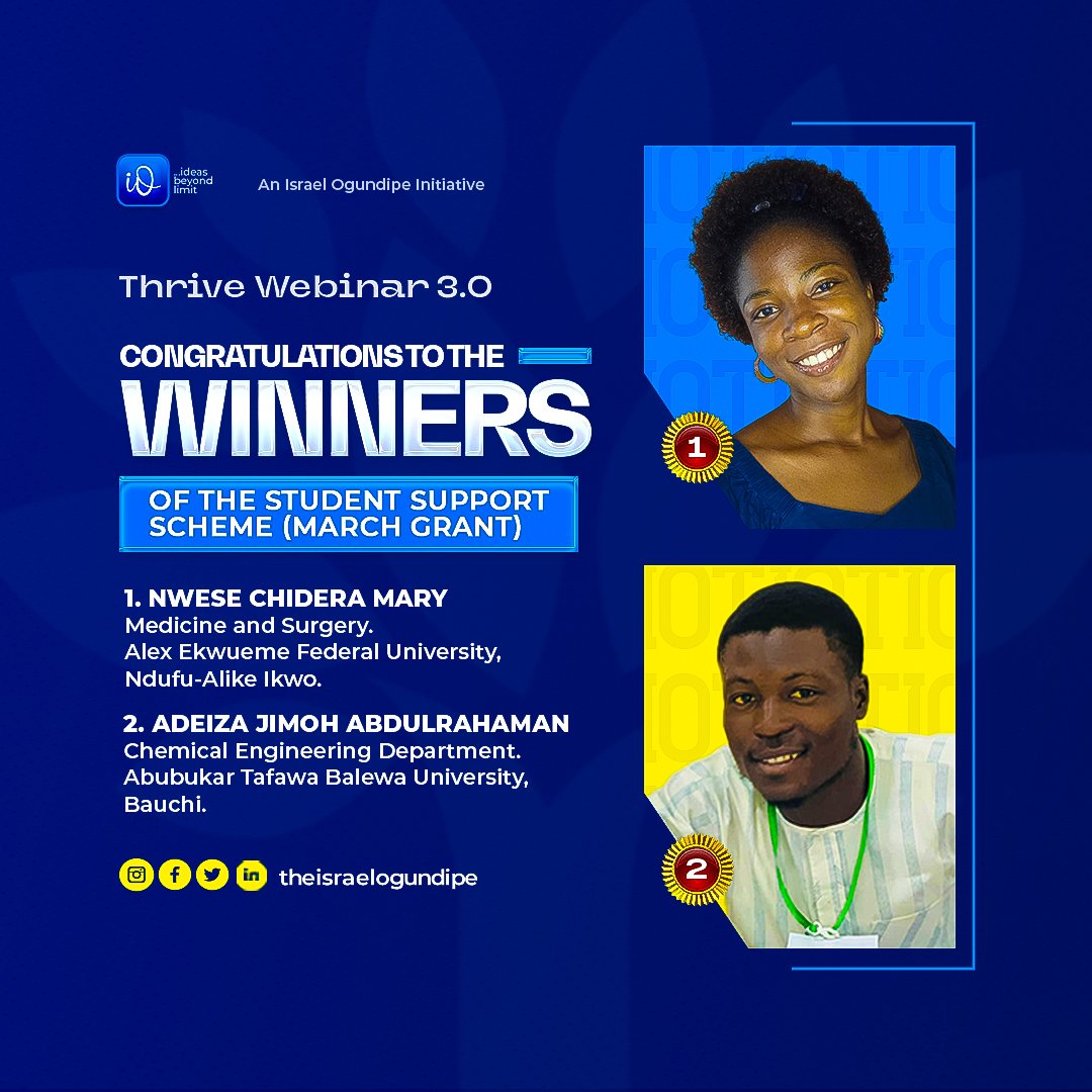 _IsraelOgundipe's tweet photo. Congratulations 🎉 to the students who won the Student Support Scheme (March grant) in the just concluded Thrive webinar 3.0 organised by Israel Ogundipe Initiative.
#ThriveCommunity
#IsraelOgundipeInitiative
#TIO
#Innovation
#StudentGrant
#ThriveWebinar
#Thrive
#Winners https://t.co/p1XHRKjjgD