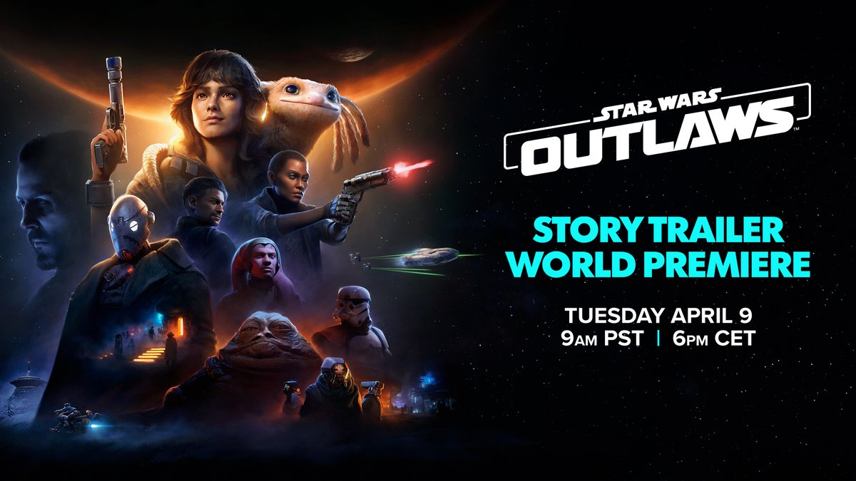 starwars's tweet image. Watch the World Premiere of the Star Wars Outlaws Story Trailer.  Join us on April 9th at 9AM PST / 6PM CET.