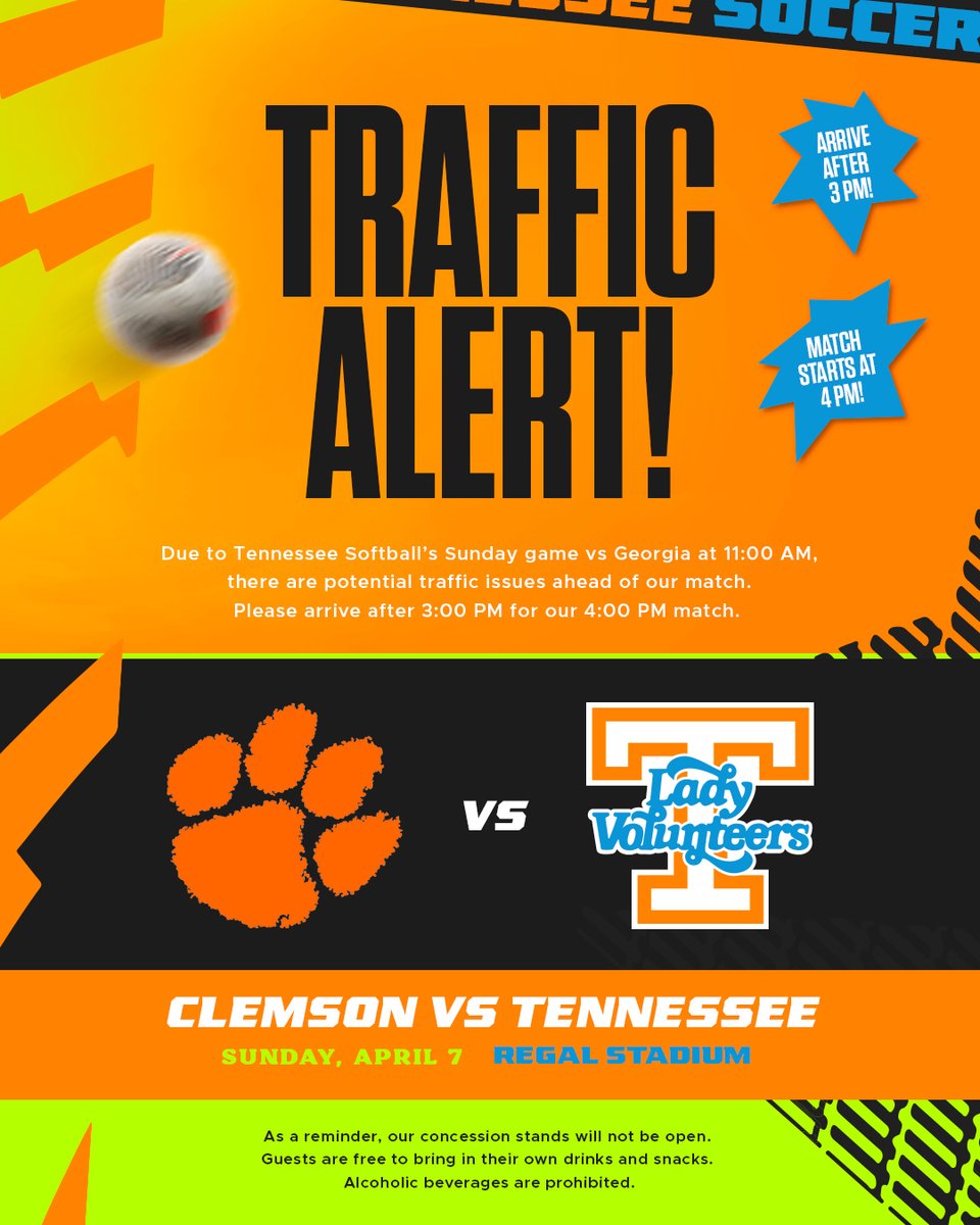 ⚠️ 𝐓𝐫𝐚𝐟𝐟𝐢𝐜 𝐀𝐥𝐞𝐫𝐭 ⚠️ With the softball game on Sunday at 11 am, we are asking fans to arrive after 3 pm for our match against Clemson to give ample time for traffic to clear! Also, a reminder that concessions will not be sold but fans can bring in their own snacks!