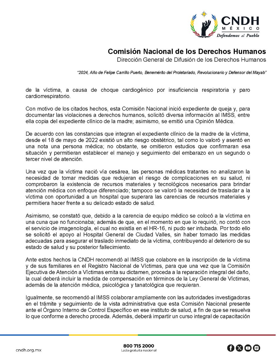 CNDH's tweet photo. Por el fallecimiento de una víctima recién nacida en el HR-16 de #AxtlaDeTerrazas, #SanLuisPotosí, emitimos la #Recomendación 30/2024 al @Tu_IMSS.

Revísala 👉🏾 https://t.co/DXXjGNfKpn

#DefendemosAlPueblo https://t.co/TDwWKCdIRg