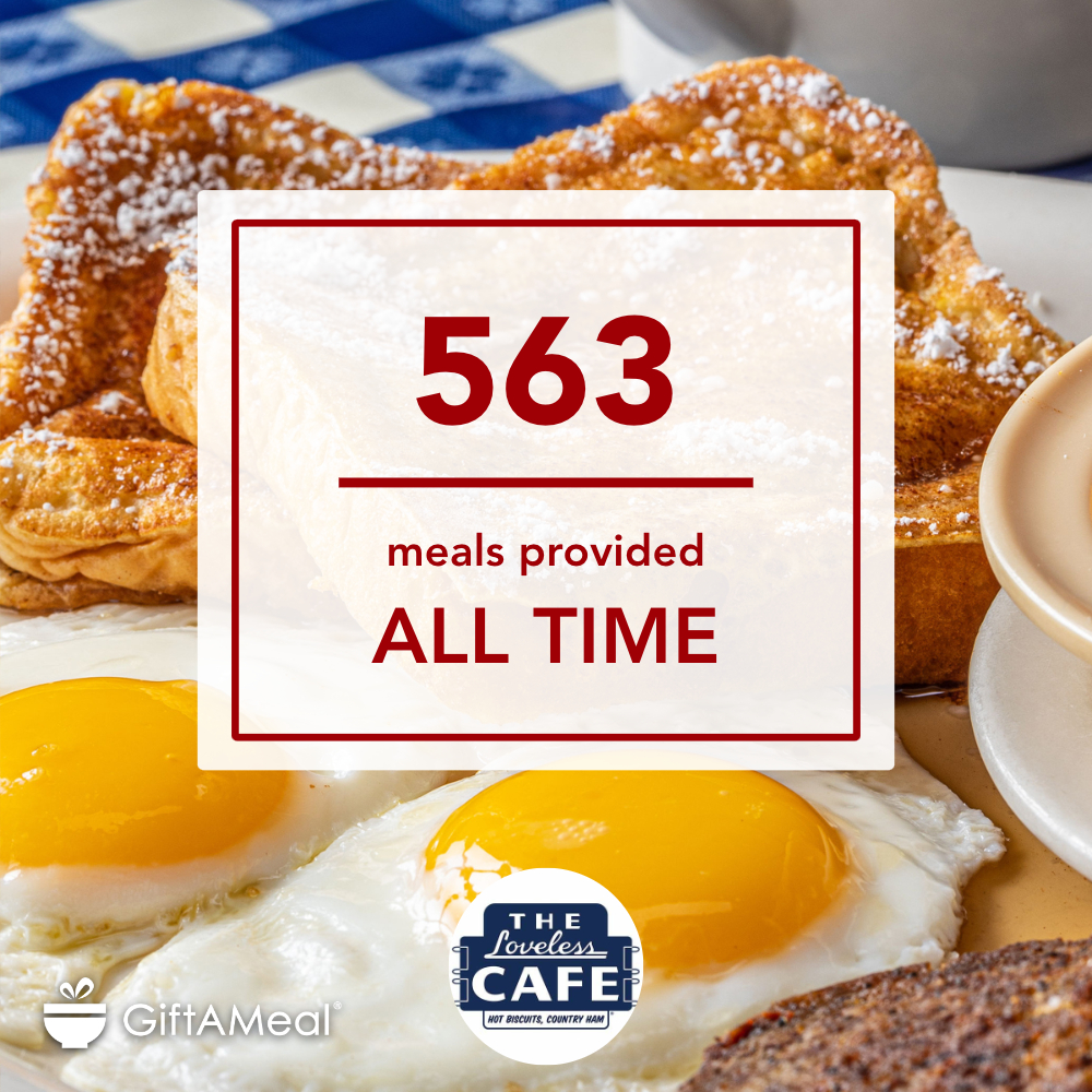 From the Loveless Cafe family to each and every one of you, thank you! ❤️ With your support, we have been able to donate over 560 meals to those in need. 😀 Help us continue the fight against hunger in Nashville with @giftameal and Second Harvest!