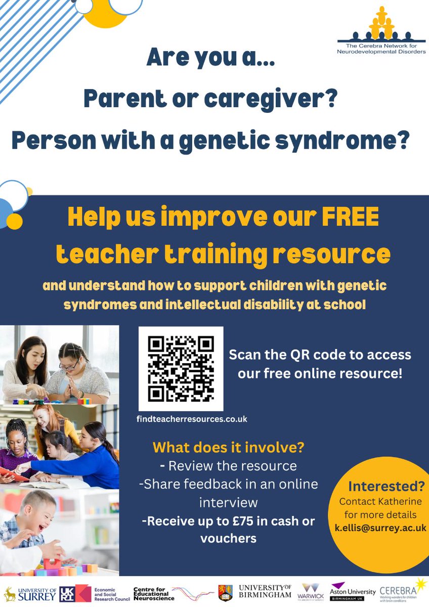 Cerebra Network (@cerebranetwork) on Twitter photo šHelp us improve our teacher training resource (findteacherresources.co.uk)š
Are you a parent/caregiver of a person with a genetic syndrome? Are you a person with a genetic syndrome?Ā If the answer is yes, please contact Dr Katherine Ellis at k.ellis@surrey.ac.uk for more info. šHelp us improve our teacher training resource (findteacherresources.co.uk)š
Are you a parent/caregiver of a person with a genetic syndrome? Are you a person with a genetic syndrome?Ā If the answer is yes, please contact Dr Katherine Ellis at k.ellis@surrey.ac.uk for more info.