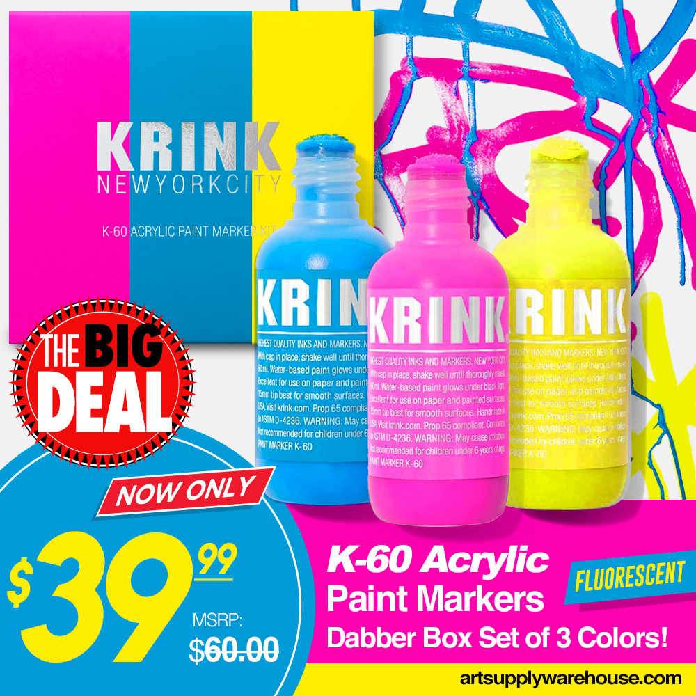 Special K-60 Acrylic Paint Markers is a Krink original, featuring a squeezable body that helps control paint flow. Squeezable, blotter-style markers for broad coverage! Handmade in the USA. 😎 Dabber Box Set of 3 Colors On SALE for $39.99 ✔ Deal ends 04/07