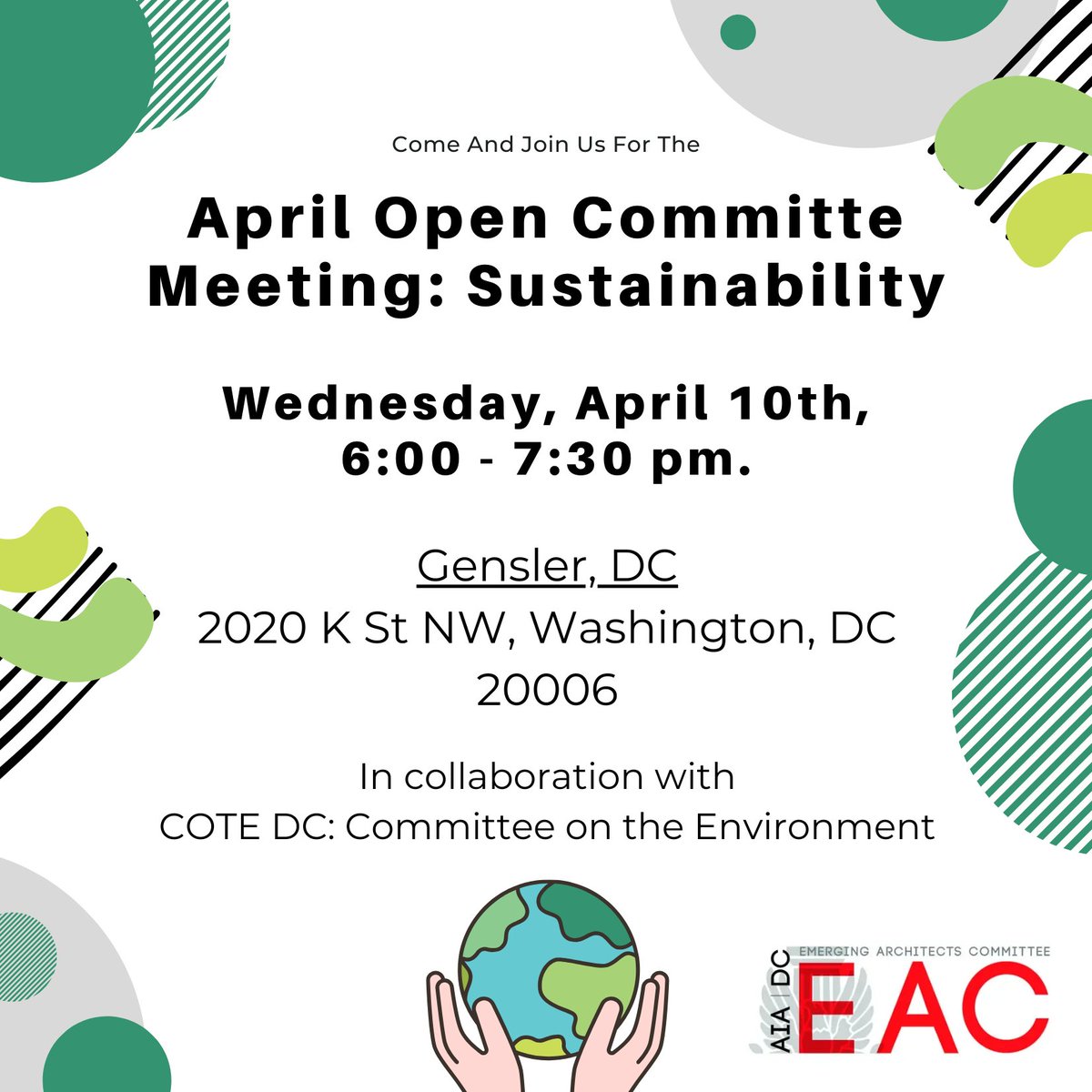 AIAdcEAC's tweet image. Join us for our April Open committee meeting: Sustainability. Wednesday, April 10th, 6:00 - 7:30 pm.
Location: @gensler_design, 2020 K St NW, 20006. In collaboration with COTE - Committee on the Environment! @WashingtonDCAIA