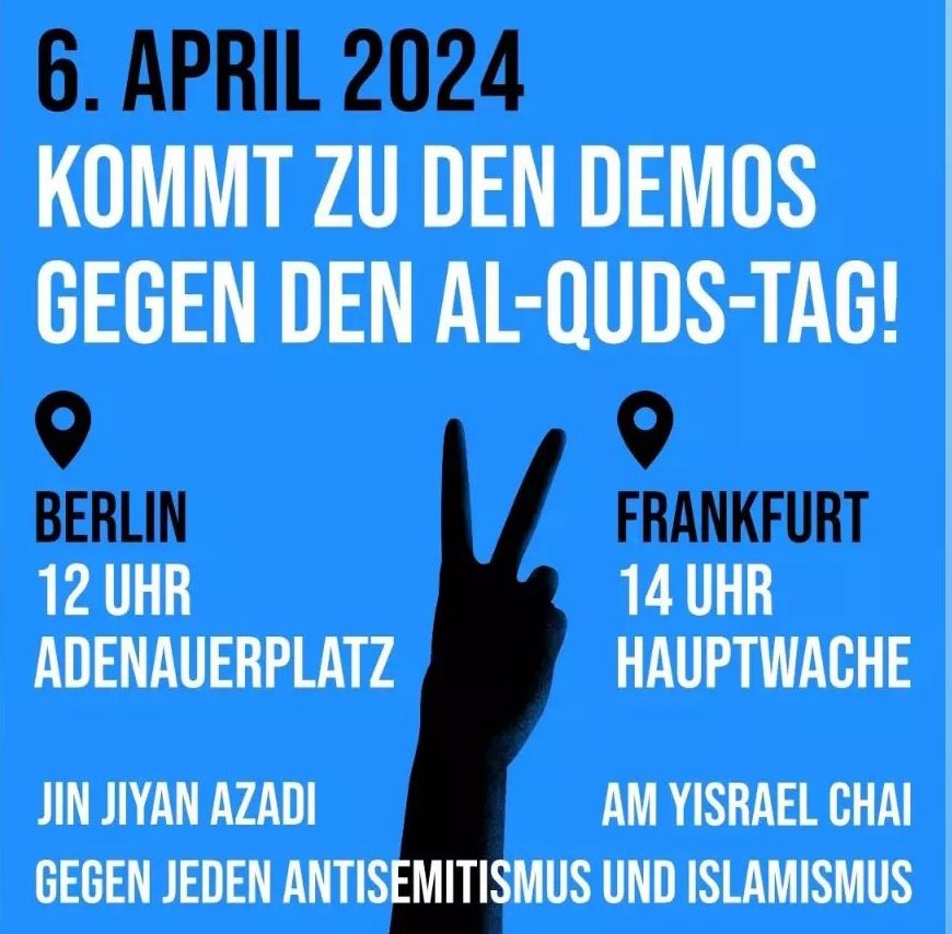 Die zentrale Demo zum antisemitischen Quds-Tag findet morgen in #Frankfurt statt. Islamistische Gruppen mobilisieren bundesweit.

Gegenprotest ab 14.00 Uhr am Rathenauplatz.
... oder kommt nach #Berlin zur Demo gegen Antisemitismus
12.00 Uhr Adenauerplatz

Alerta!
#ffm0604
#b0604