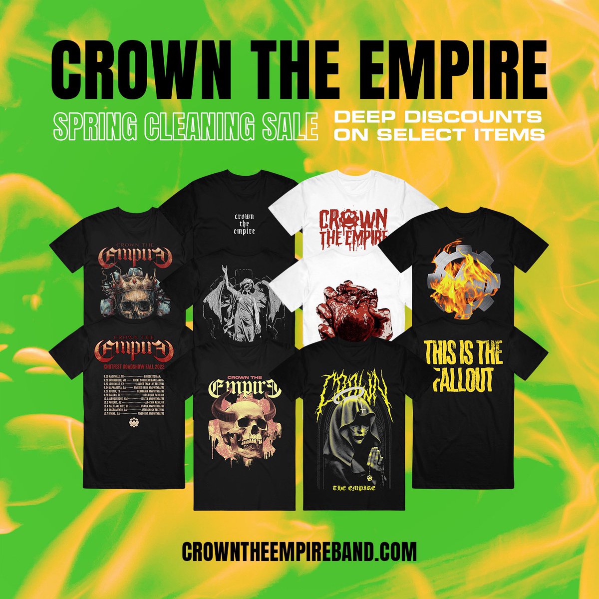 Spring Cleaning Sale happening over on our merch store. Deep discounts on select items for limited time + new tees added. crowntheempireband.com