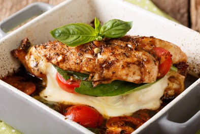 Caprese Chicken--Delicious enough for company.  Easy enough for a weeknight feast.  Check out this recipe and more on my blog at: tinyurl.com/27eb3t26 #Chicken #CarolAnnKates #groceryshopping #chickenrecipes #foodielife #caprese #foodtips