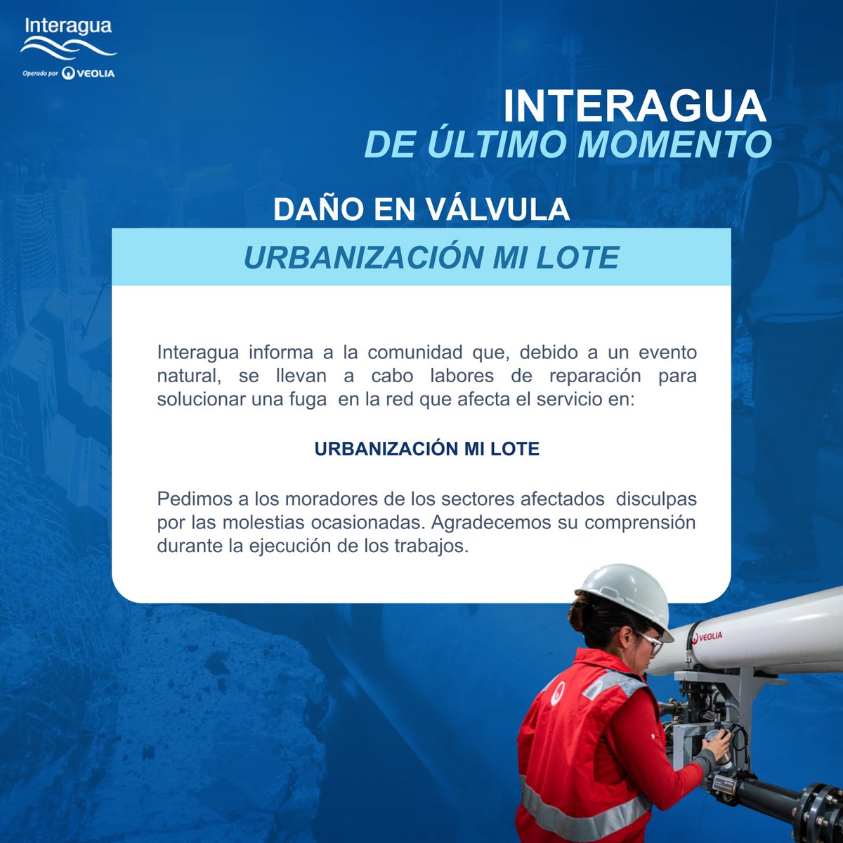 📣#TrabajoEmergente Informamos a la comunidad de Urb. Mi Lote que nuestros técnicos se encuentran realizando trabajos para la reparación de daño en la red que afecta al sector. Manténgase informado por nuestros canales oficiales.