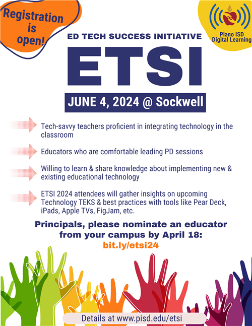 👀Plano Principals! Nominate an educator from your campus before April 18. bit.ly/etsi Then we'll open it up to any PISD educator to register. We hope to have representation from every campus to join in growing their #edtech skills! #pisdetsi #pisdleads #pisdlearns