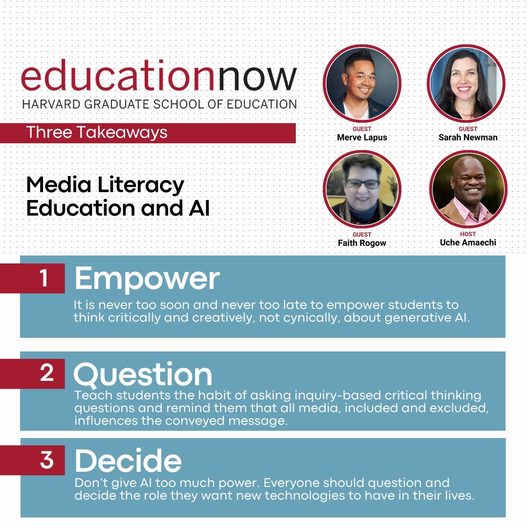 How can educators help students think critically about AI and digital media? Thank you to Lecturer @Uchebc, @CommonSenseEd's @molapus, @metalabharvard's @SarahWNewman, and author @InsightersEd for all of your insights in our last Education Now of the season!