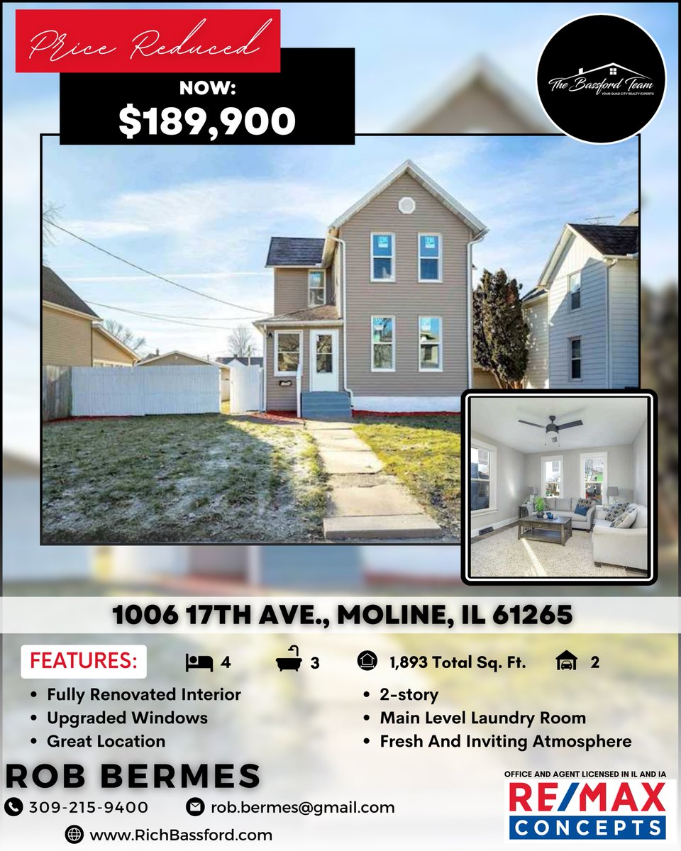 📢📢📢❗️❗️❗️ PRICE REDUCED: 🏡✨ This newly renovated 4BR beauty in Moline awaits you. #pricereduced #Moline #quadcitiesrealtor #quadcitiesrealestate #quadcitieshomesforsale #qcproperties #Molinehomesforsale #thebassfordteam #richbassford
..
..
🔗👉🏻👉🏻👉🏻 richbassford.com/property-searc…