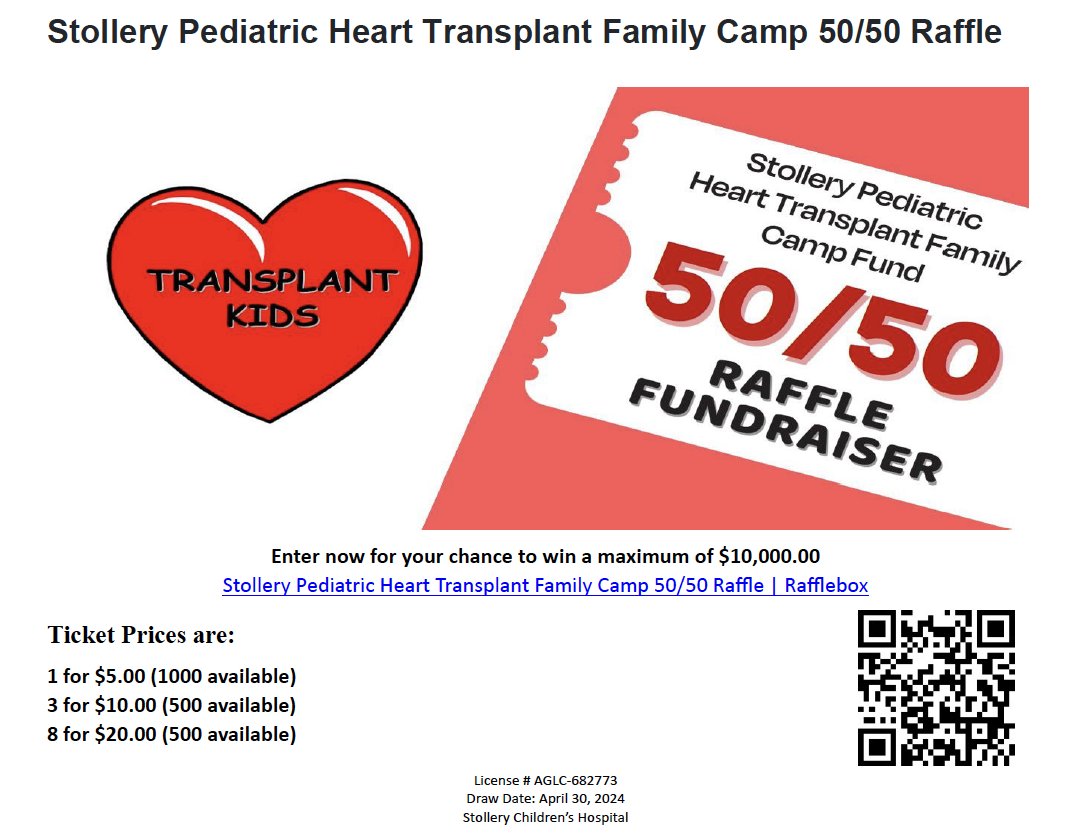 Help Support our friends with the Stollery Pediatric Heart Transplant Camp's 50/50 Raffle. An amazing opportunity for kids to be kids and for families to learn together about living well after a transplant! rafflebox.ca/raffle/sphtfcf