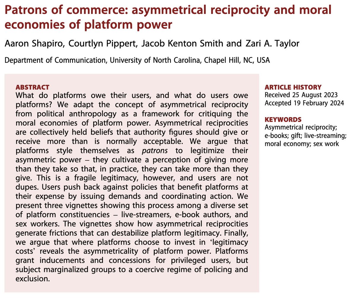 Aaron Shapiro (@bricolageyumyum) on Twitter photo New publication out with <a href="/icsjournal/">icsjournal</a> by me + <a href="/zaritaylor_/">Zari Taylor</a> <a href="/BornDinner/">Jacob Smith</a> & #courtlynpippert for special issue on platforms power and friction eds. <a href="/ppopiel/">Pawel Popiel</a> & #krishnanvasudevan tandfonline.com/doi/epdf/10.10… New publication out with <a href="/icsjournal/">icsjournal</a> by me + <a href="/zaritaylor_/">Zari Taylor</a> <a href="/BornDinner/">Jacob Smith</a> & #courtlynpippert for special issue on platforms power and friction eds. <a href="/ppopiel/">Pawel Popiel</a> & #krishnanvasudevan tandfonline.com/doi/epdf/10.10…