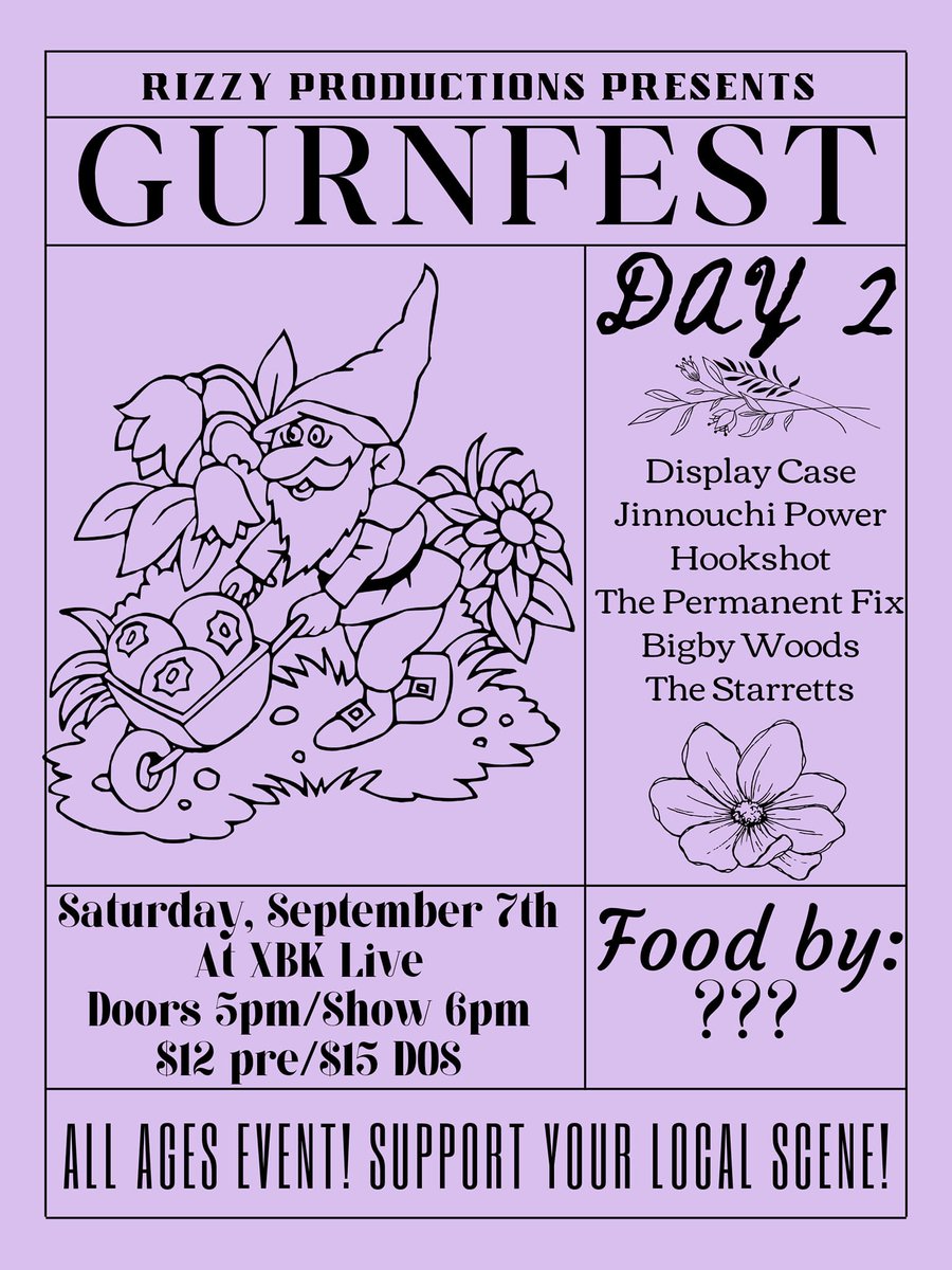 JUST ANNOUNCED xBk and Rizzy Productions presents Gurnfest: Day 2 Gurnfest is an Iowa local/midwest mini music fest featuring some of Des Moines favorite bands such as Display Case, Bigby Woods, Hookshot, & more! 🎟️Tickets on sale now: wl.seetickets.us/event/gurnfest…