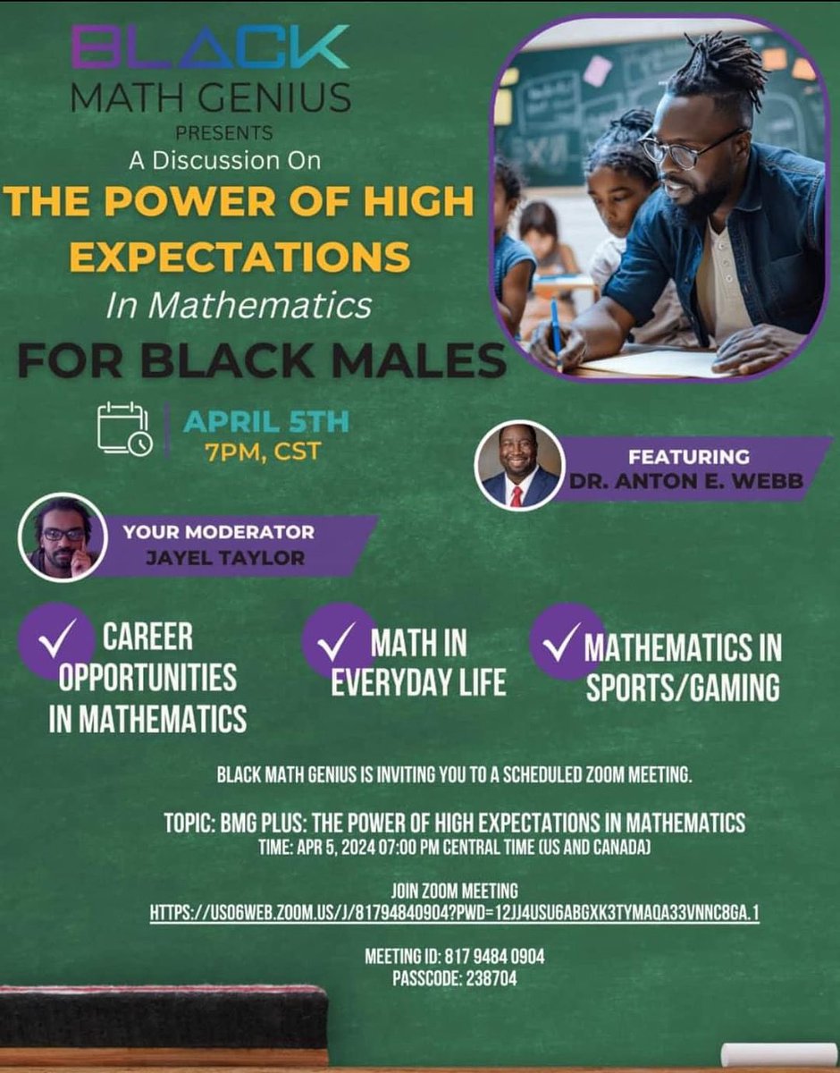 Ed Post 🎓 (@edu_post) on Twitter photo Are you a Black male in STEM? Are you raising or teaching young Black men? Hop on this webinar tonight at 7:00 pm Central with <a href="/BlackMathGenius/">Assata | Black Math Genius</a>!
#epmath #math #mathematics #stem #blackmathgenius Are you a Black male in STEM? Are you raising or teaching young Black men? Hop on this webinar tonight at 7:00 pm Central with <a href="/BlackMathGenius/">Assata | Black Math Genius</a>!
#epmath #math #mathematics #stem #blackmathgenius
