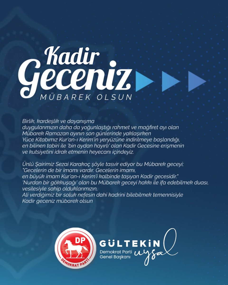 Birlik, kardeşlik ve dayanışma duygularımızın daha da yoğunlaştığı rahmet ve mağfiret ayı olan Mübarek Ramazan ayının son günlerinde yaklaşırken Yüce Kitabımız Kur'an-ı Kerim'in yeryüzüne indirilmeye başlandığı, en bilinen tabiri ile 'bin aydan hayırlı' olan Kadir Gecesine…