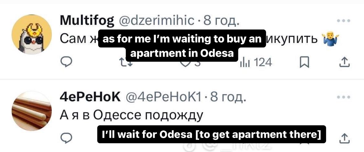 russians on Twitter discuss how easy it is to move into empty apartments in Mariupol. The formula is simple: first you kill Ukrainians living there and voila! only some bureaucratic procedures separate you from a rent-free apartment on the seashore. But yeah only putin is guilty.