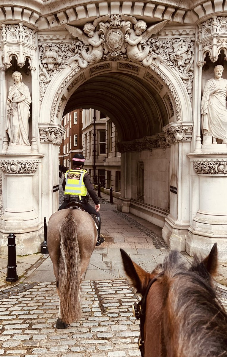 #PHAndy & #PHPollard were out on patrol in @cityoflondon today. LOTS of engagement with some lovely family’s who are on their half term break. One little lady shouted at the top of her voice to the officer on Andy “THAT HORSE IS HUGE How did you get up there!?!“ 🤣🪜 @CityPolice