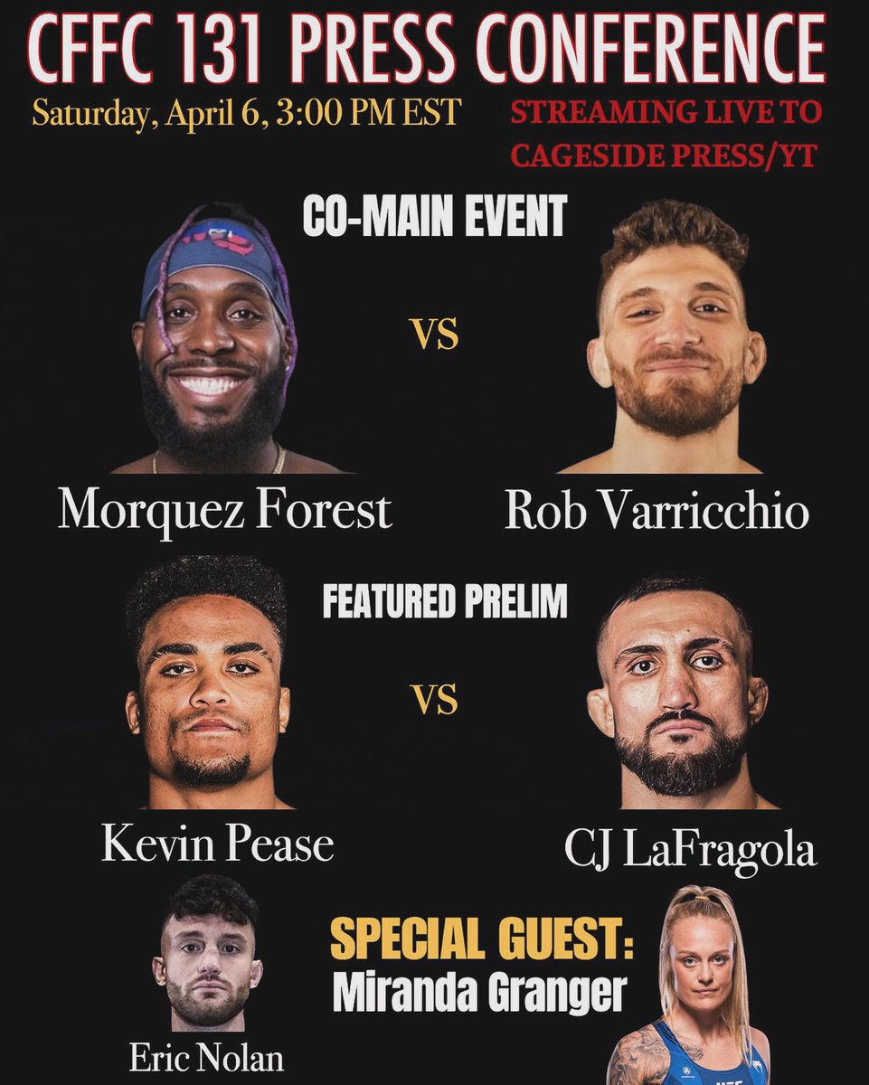 🚨#CFFC131 PRESSER TOMORROW🚨

Tune in Saturday 4/6 at 3pm est for the Cage Fury 131 virtual press conference presented by <a href="/Cagesidepress/">Cageside Press</a> and hosted by yours truly! Lots of media asking a great group of fighters some questions, gonna be a good time!

📺: youtube.com/watch?v=xjJuoY…