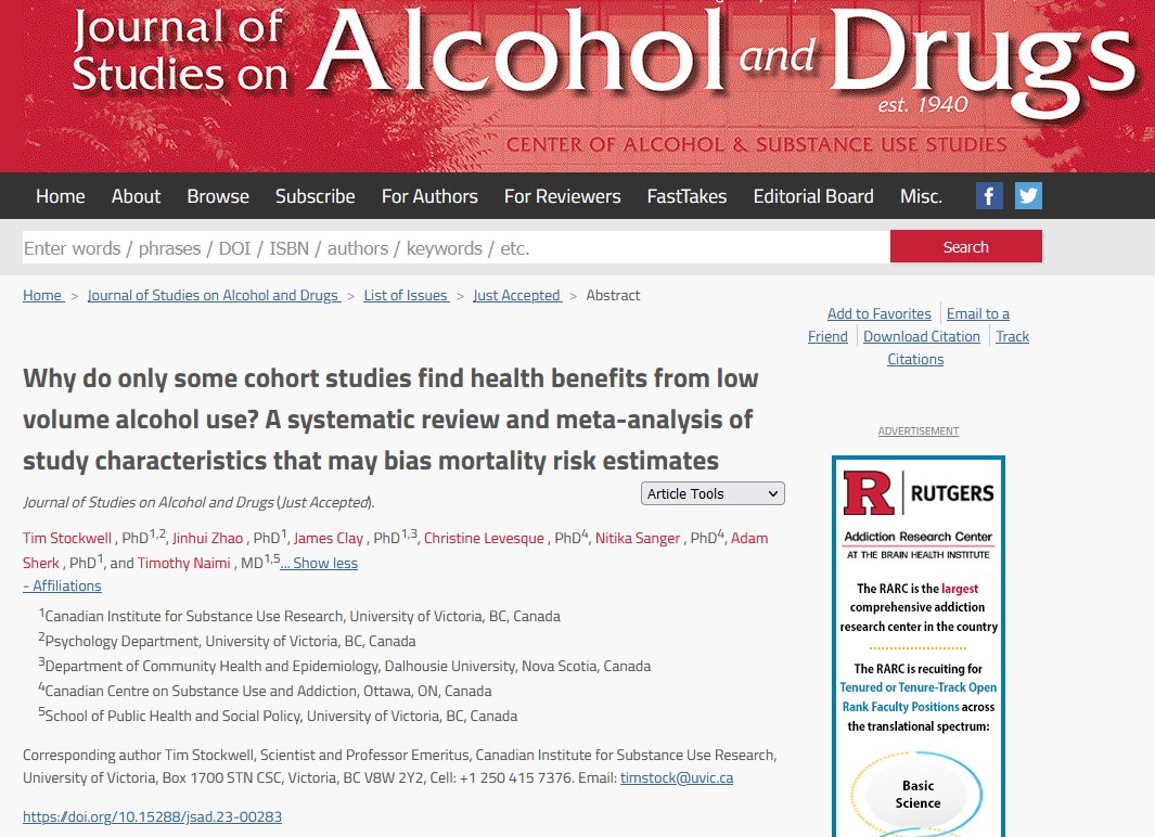 Why do only some cohort studies find health benefits from low volume alcohol use? A systematic review and meta-analysis ... (just accepted in @JSADjournal) @jamesmclay @DalEpidemiology @UVic_CISUR @uop_psychology @DalEpidemiology @CCSACanada @Uvic_PHSP jsad.com/doi/abs/10.152…