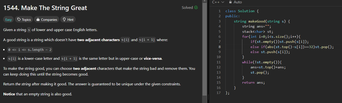0sagarsingh01's tweet image. #Day59 #dailyChallenge #ProblemSolving
Today's #potd #leetcode #solutions
"1544. Make The String Great"