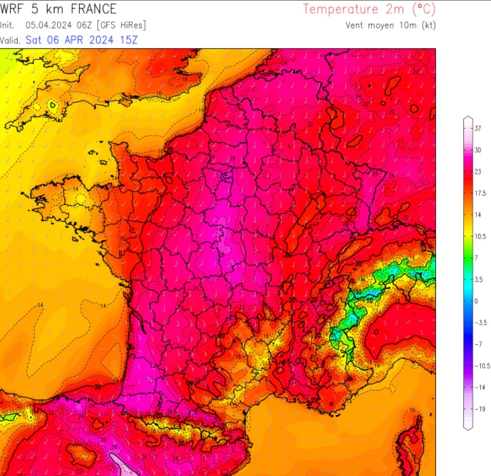 VigipreventionM's tweet photo. Aujourd’hui la #chaleur a dépassé les 30°C sur les #département Des #PyrénéesAtlantiques, #Gironde, #Landes et l’#Ariège. #Valeur #maximale enregistré ce 5 #Avril.
🌡️⬆️/#Orthez (64) 31,8°C
🌡️⬆️/#Lagor (64) 31,4°C
🌡️⬆️/#Bordeaux-Paulin (33) 30,5°C
🌡️⬆️/#Dax (40) 29,9°C https://t.co/DoWmnV5n0I