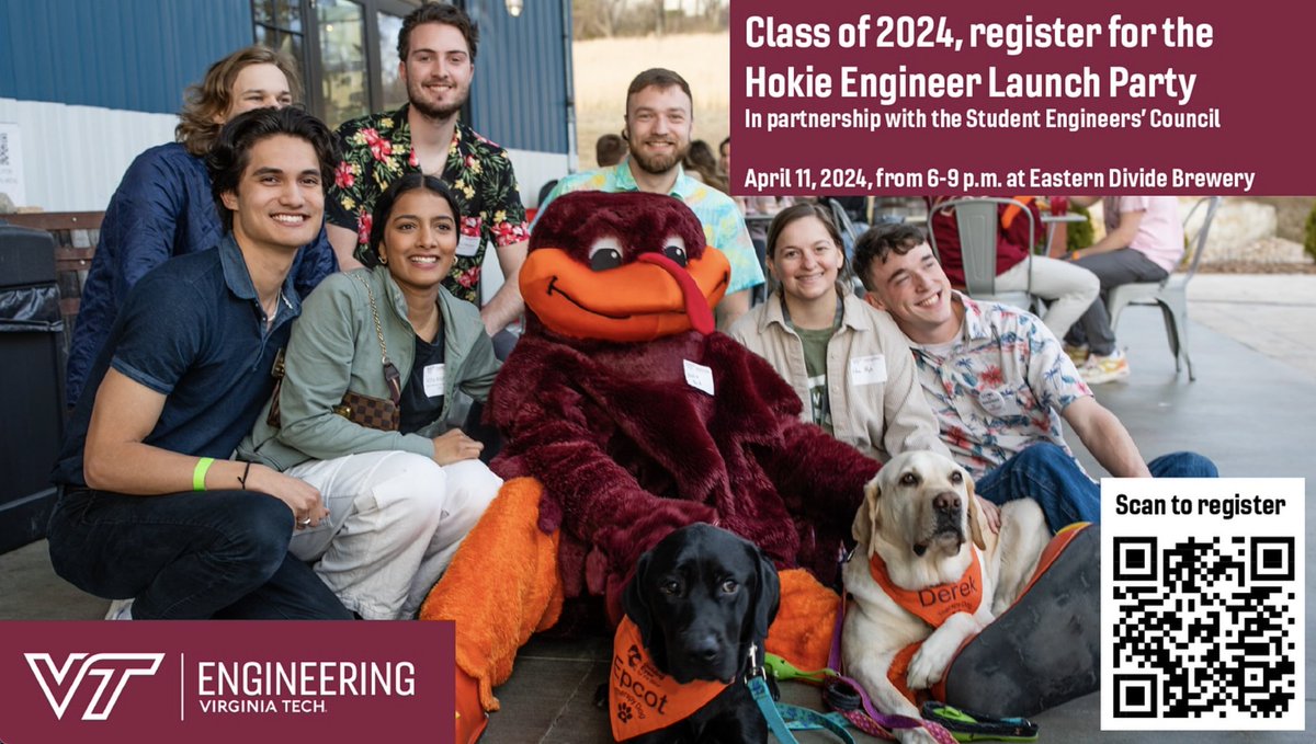 Calling all 2024 engineering grads! Join us in celebrating your accomplishments with food, therapy dogs, lawn games, prizes, and more at Eastern Divide Brewery on April 11th from 6pm-9pm! Register here: aimsbbis.vt.edu/VTEngineering24
