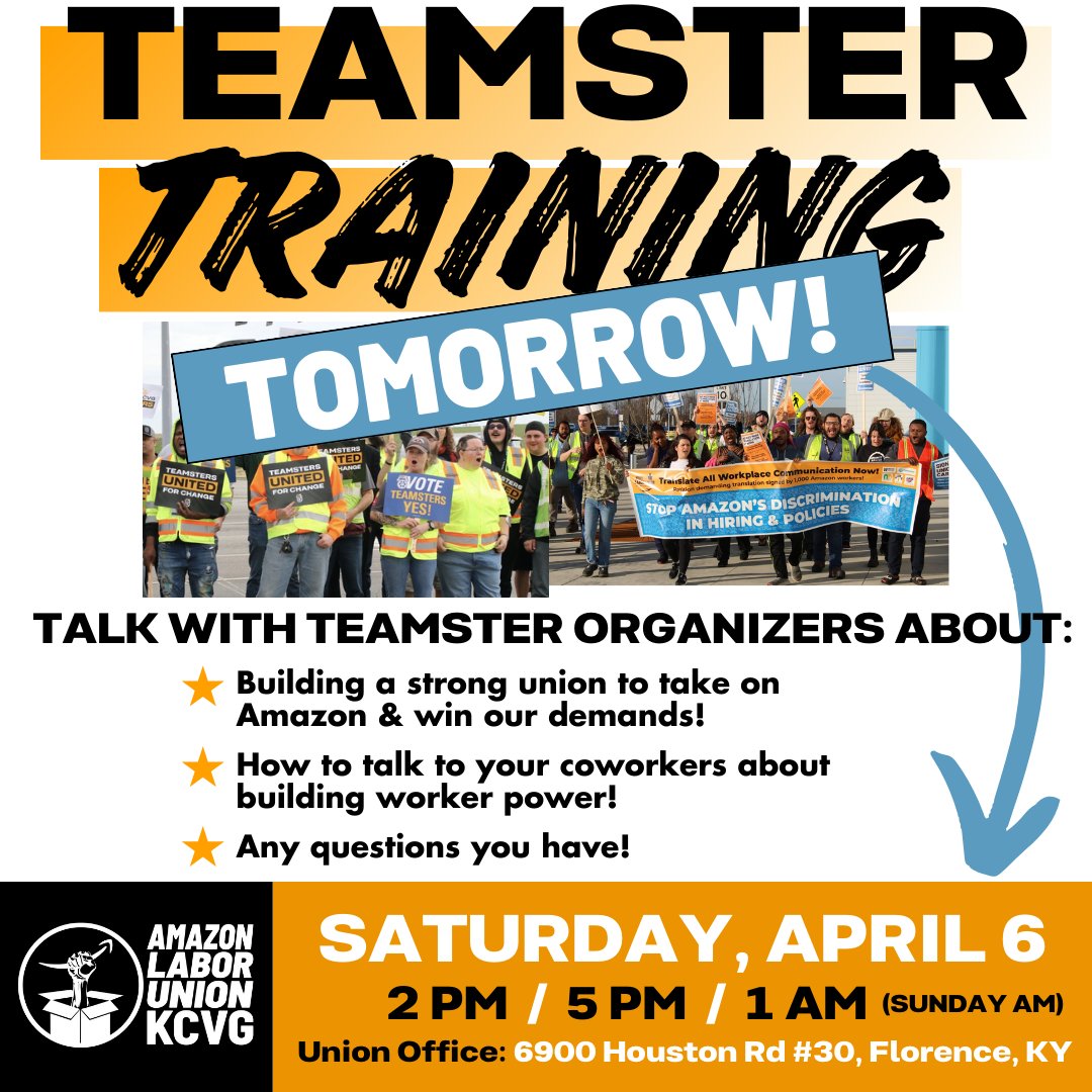 Our fight at KCVG is entering a new phase. 🚨JOIN US for a Teamster training TOMORROW, Sat 4/6. Hear from Teamster organizers from UPS Worldport in Louisville & the national Teamster Amazon Division about building a strong union to win our demands. RSVP: docs.google.com/forms/d/e/1FAI…