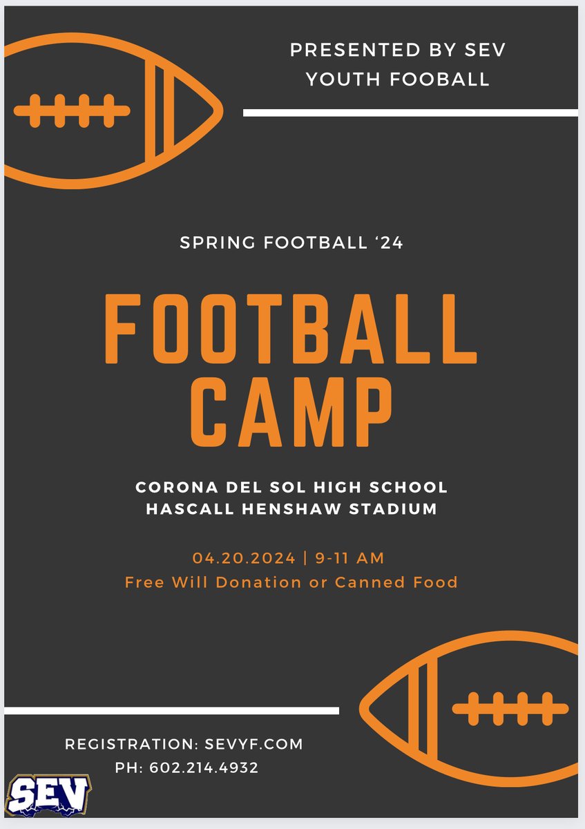 SEV Youth Football League (@sevyfootball) on Twitter photo Save the date! Come get some work with our first camp of the season at Corona Del Sol! Varsity staff and players are lined up ready to coach up our youth! #sevyouthfootball #fearthespear
<a href="/cdsfootball1/">CDS Football</a> <a href="/CoachBarro/">Jake Barro</a> Save the date! Come get some work with our first camp of the season at Corona Del Sol! Varsity staff and players are lined up ready to coach up our youth! #sevyouthfootball #fearthespear
<a href="/cdsfootball1/">CDS Football</a> <a href="/CoachBarro/">Jake Barro</a>