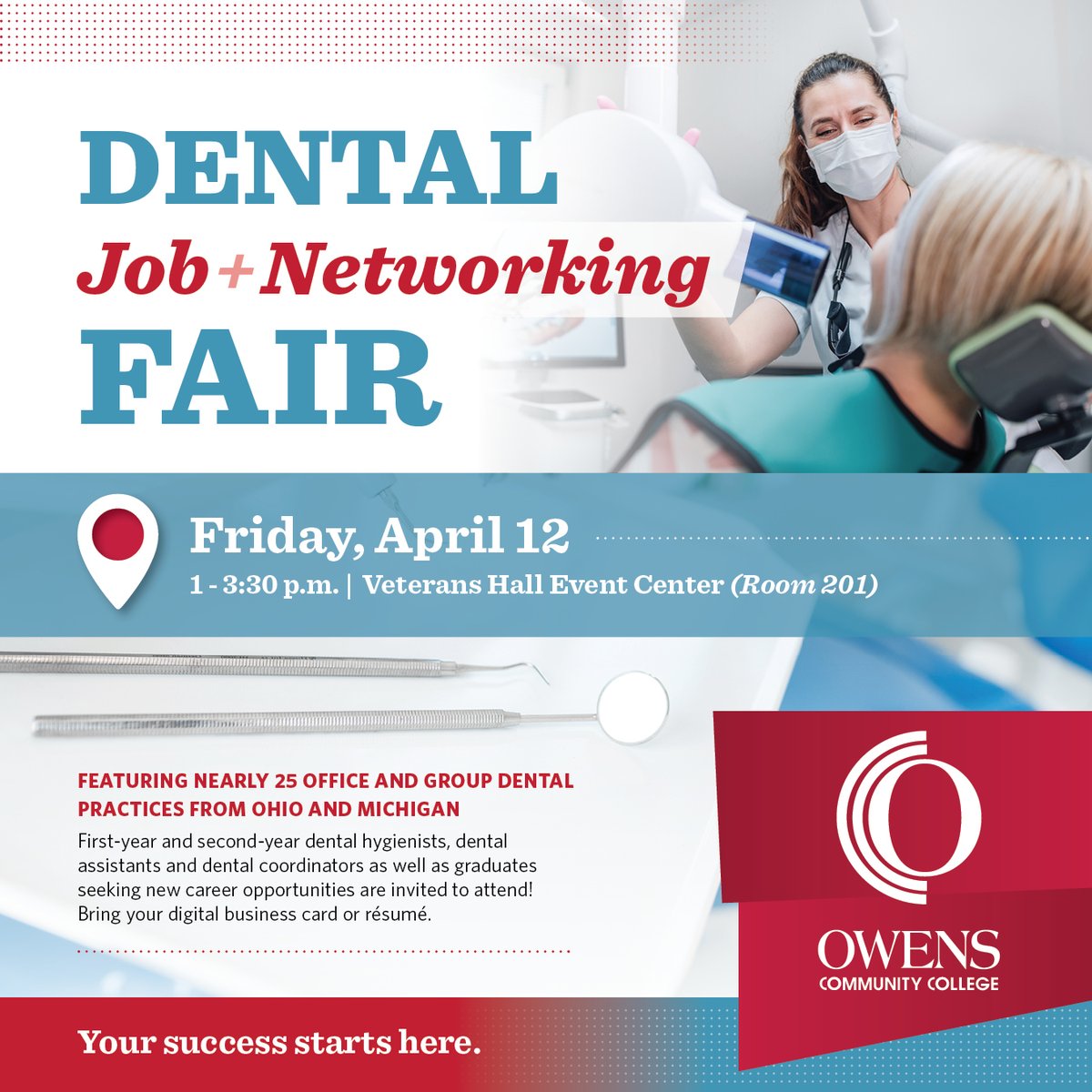 Meet with area Dental offices and explore job opportunities at the Dental Job & Networking Fair on April 12! First- and second-year Dental Hygiene, Dental Assistant and Dental Coordinator students and grads are encouraged to attend! #owenscc More info ➡️ bit.ly/3T4Waq1