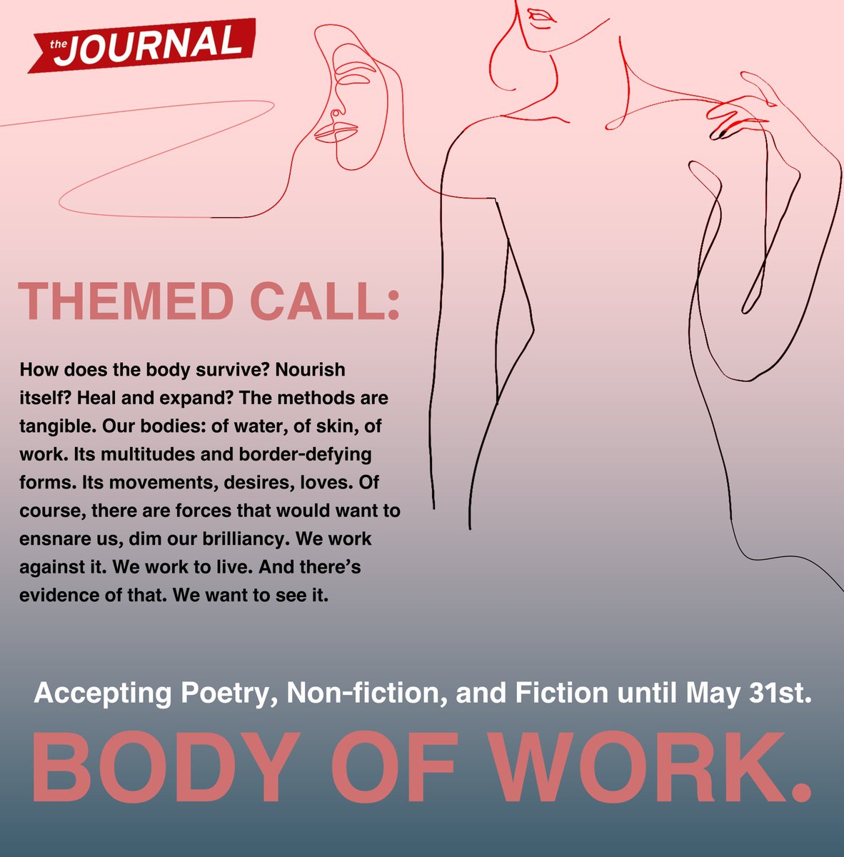 SUBMISSIONS OPEN for our themed issue until 5/31! This issue explores the body as a site of memory. We are interested in how, over time, our flesh becomes a recollection of triumph and trauma. Submit at thejournal.submittable.com/submit or follow the link in our bio.
