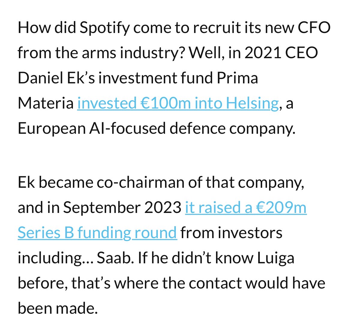 Spotify’s new CFO is a weapons manufacturer. He’s currently the deputy CEO/CFO at Saab, a company that sells “aeronautics, weapons, command and control,” and more. The people at the top are consistently profiting from war. We say NO WAR PROFITEERS IN MUSIC.