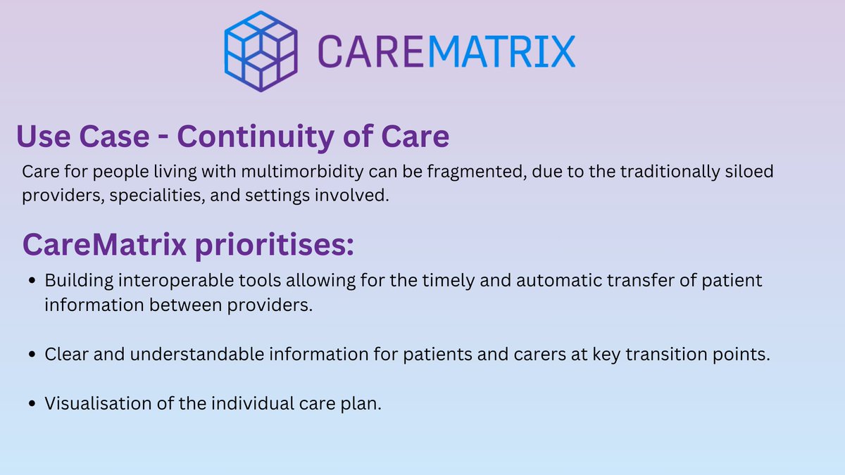 CareMatrix_PCP's tweet image. Care for people with multimorbidity can be fragmented, due to the traditionally siloed providers, specialists and settings involved.

See how CareMatrix is establishing new ways to help people with multimorbidity.

🔗carematrix.eu/use-cases/