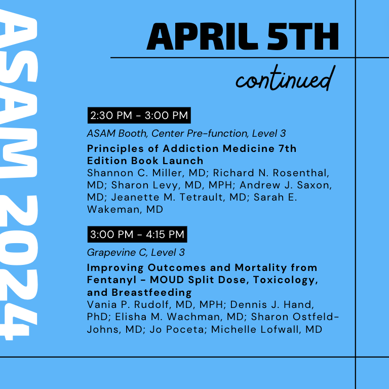 YaleADM's tweet photo. Afternoon sessions beginning soon - swing by the ASAM booth on your way to "Improving Outcomes and Mortality from Fentanyl - MOUD Split Dose, Toxicology, & Breastfeeding" presented by @sostfeldjohns & colleagues. #ASAM2024 https://t.co/Dbf3LBtBpH