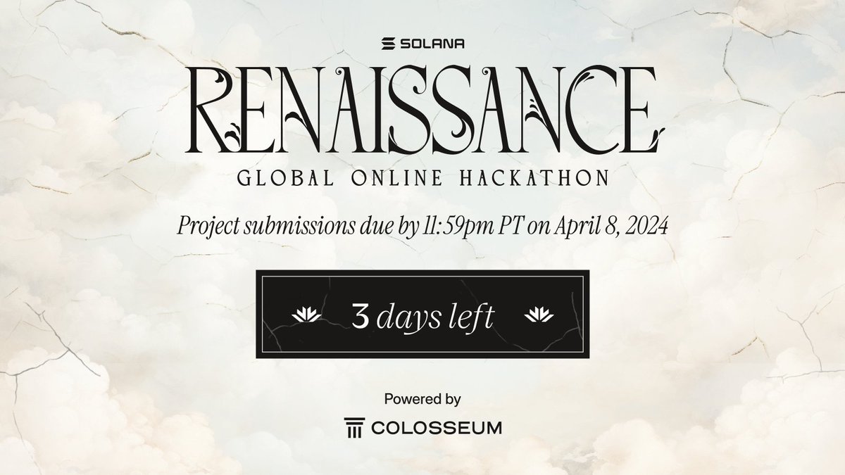 It's time to sprint to the finish!🔥🎨 A single weekend remains for the Solana Renaissance Hackathon powered by @ColosseumOrg, with submissions due Apr. 8 at 11:59pm PST. Submit👉arena.colosseum.org Best of luck, builders🫡