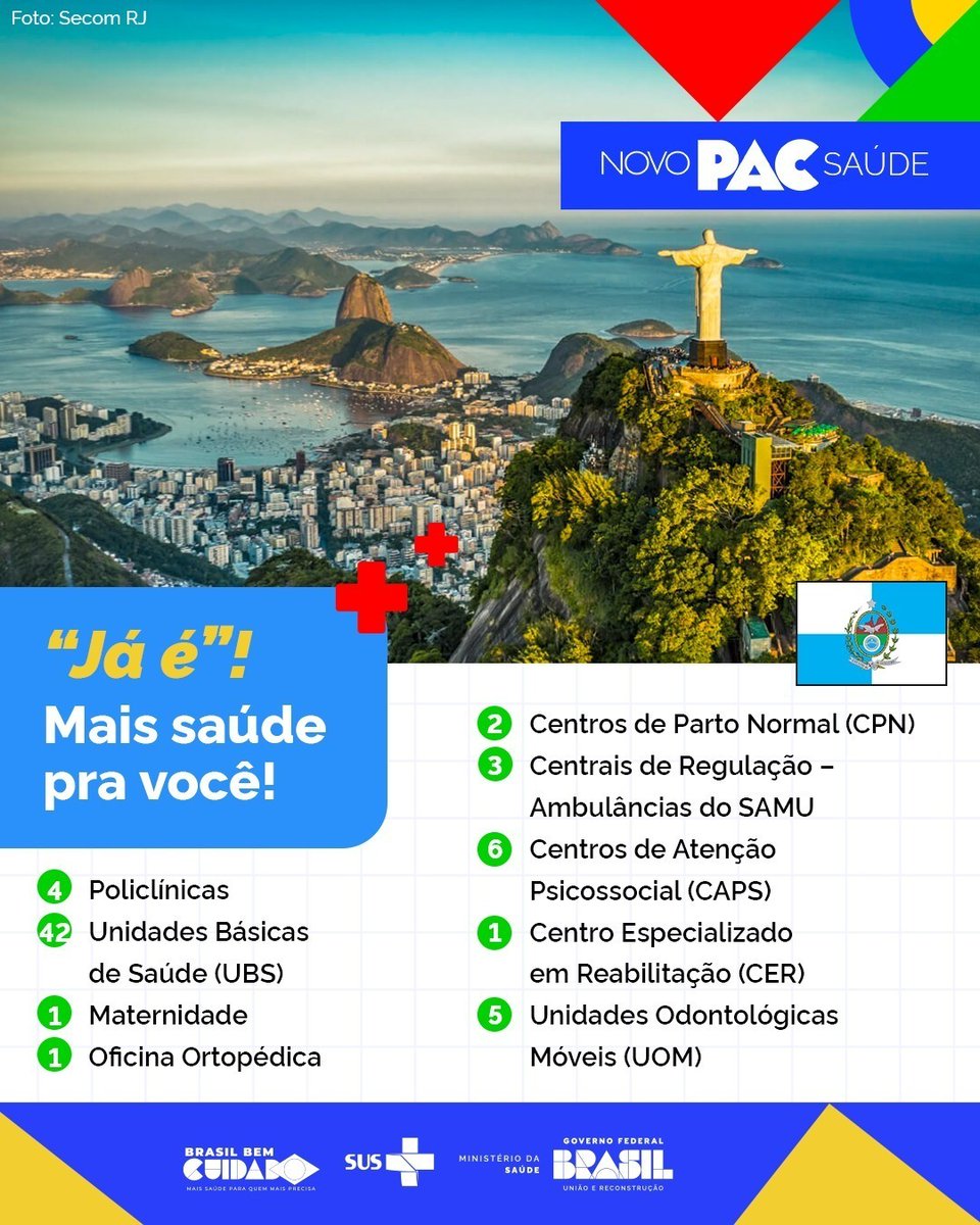 🥼🩺 Mais Saúde no Rio de Janeiro! Com as propostas no NOVO PAC, a população vai ter muito mais acesso a atendimento à saúde. 🤳 Confira na imagem o que o estado vai receber! SAIBA MAIS: e.gov.br/sobrepacseleco… 🇧🇷 Governo Federal: Brasil, união e reconstrução. 📲