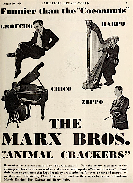 Original Paramount trade ad from August 30, 1930 trying to convince film exhibitors and theatre owners to book 'Animal Crackers,' pointing out its comedic - and potential revenue-generating - superiority to 'The Cocoanuts.'