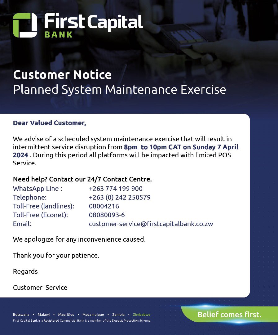 Please note. There will be a system maintenance exercise on Sunday the 7th of April 2024. We apologize for any inconvenience caused. #beliefcomesfirst