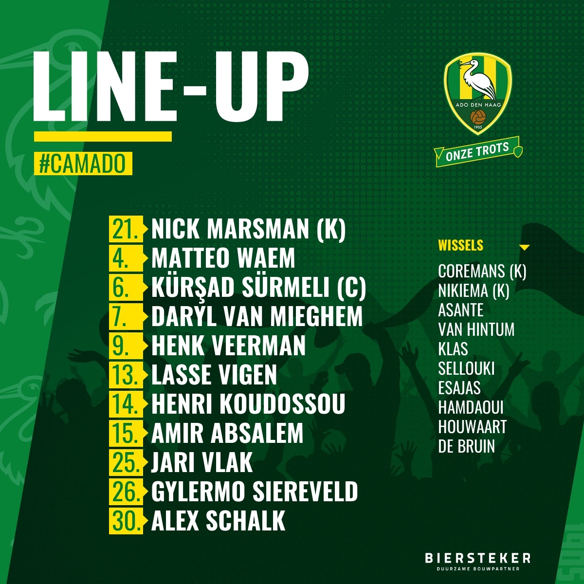 ADODenHaag's tweet photo. 𝐗𝐈 📋 𝐋𝐈𝐍𝐄-𝐔𝐏

De opstelling tegen SC Cambuur. Derijck, van Wolfgang en Van der Sande zijn niet inzetbaar. 

#camADO https://t.co/ObeHOpWQzn