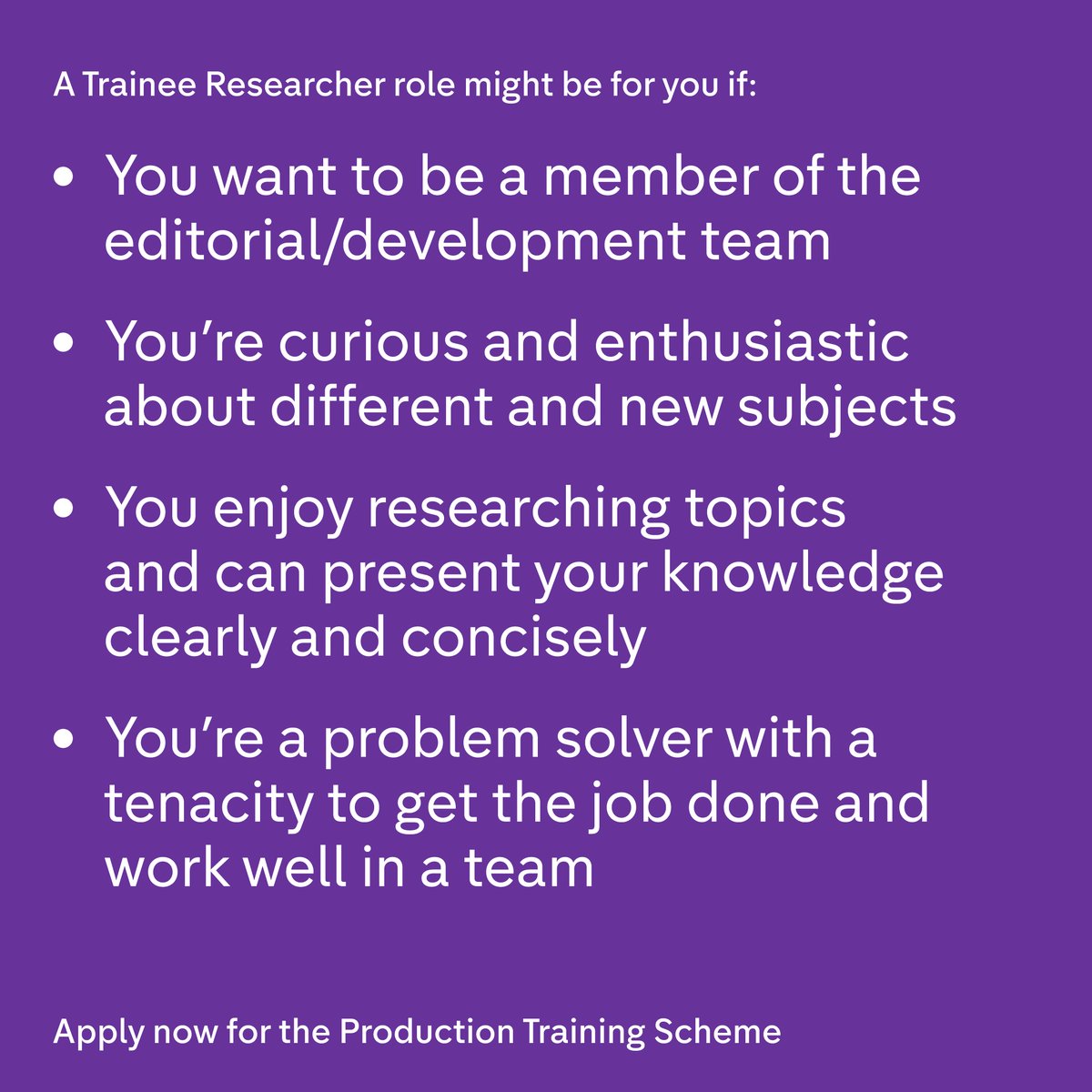 🚀 Applications for the Production Training Scheme are still open - can you see yourself as a Trainee Researcher? 📌 We’ve got opportunities for Researchers in Birmingham, Caernarfon, Cardiff, Glasgow, Leeds, Manchester, and Wrexham! 👉 Follow the link in our bio to learn more!